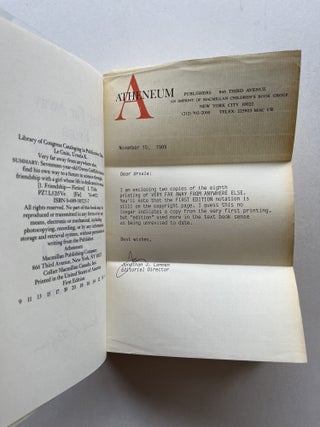Very Far Away from Anywhere Else (signed, her own copy, with a letter to her from the publisher)